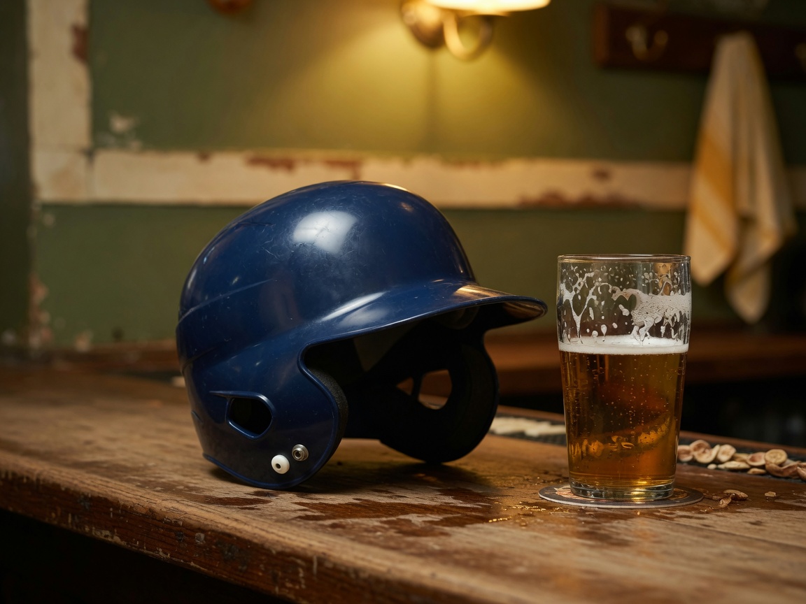 Navy batting helmet and a pint of beer on a worn wooden bar