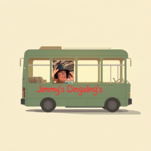 Illustrated sage-green bus with Jimmy in the window, lettered Jimmy’s Dingaling’s