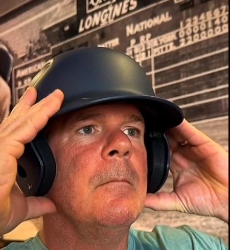 Jimmy Bev in a navy batting helmet